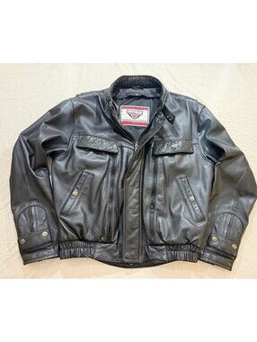 Vintage 90s FirstGear Leather Motorcycle Jacket Mens 46 Black Biker Moto